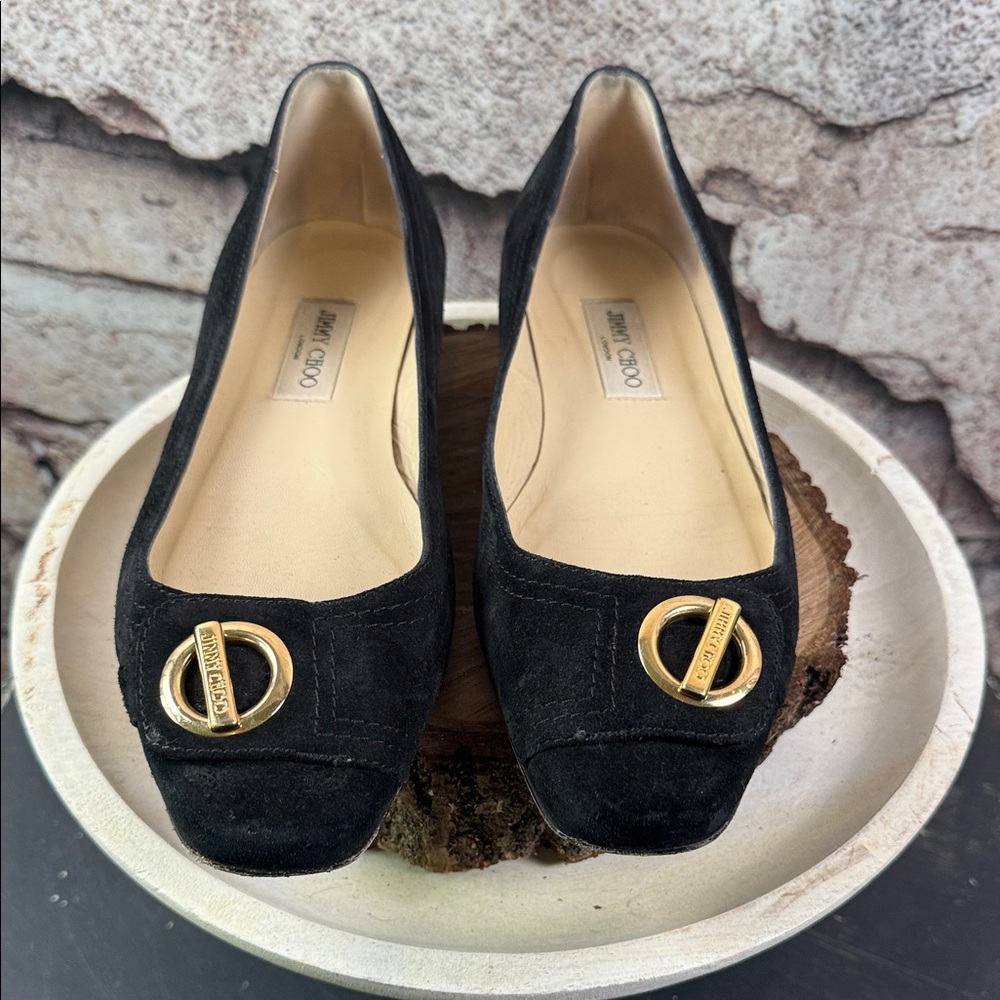 Jimmy Choo Black Suede Flats with Gold Accents size 41.   S71